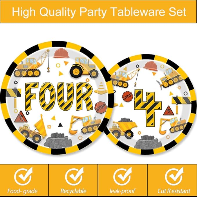 51 Pcs Construction 4th Birthday Party Supplies Dump Truck Four Years Old Tablecloth Paper Plates Napkins Forks Cups Dinnerware for Construction 4th Birthday Party Supplies Decorations