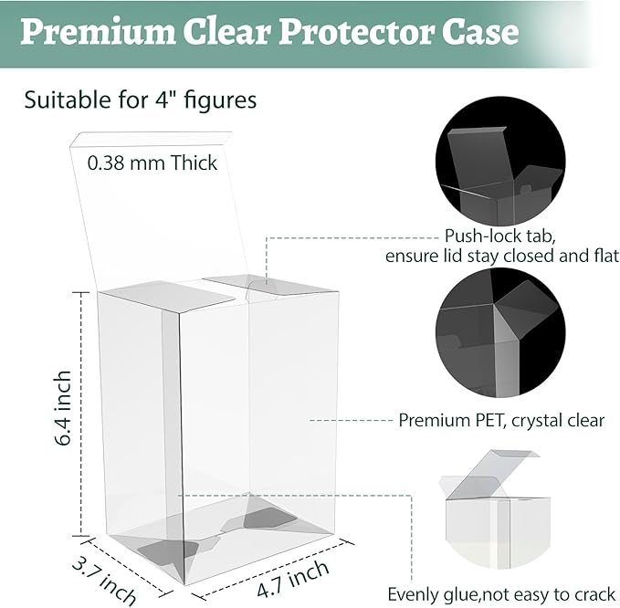 100 Pack Clear Protectors Case Compatible with Funko Pop Protector Case for 4 Inch Figures Collectibles Heavy Duty Crystal Plastic Protector Cases with Protective Film Locking Tabs Auto-Lock Bottom