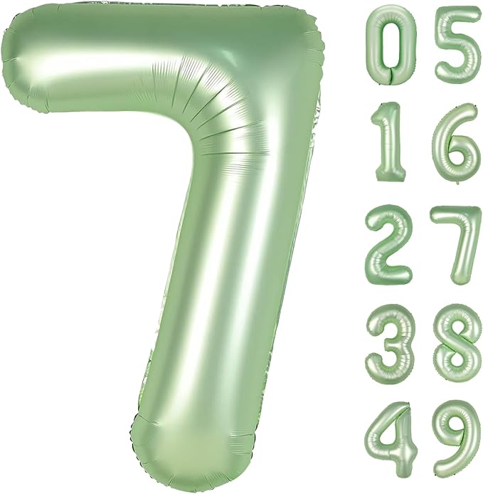 Sage Green Number 7 Birthday Balloon 40 Inch, Digital Balloons for 7 17 27 70 77 Party Celebration Decorations Supplies,Oliver Green Mylar Foil Numbers Balloon for Seven Wedding Anniversary