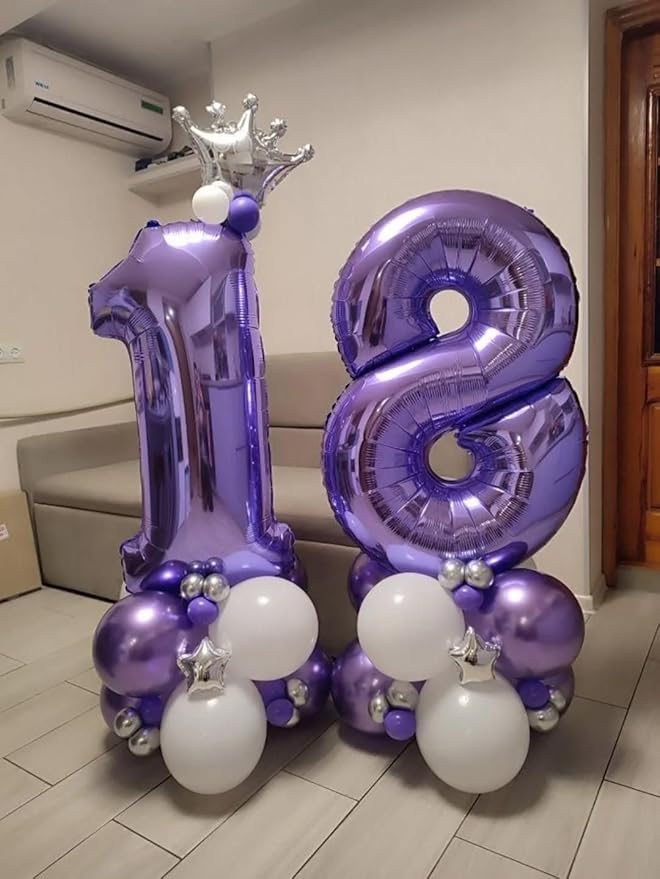40 Inch Purple Balloons Numbers, 18th Birthday Party Decoration for 1 8 18 81 Men & Women, Big Foil Balloon Number for Wedding Celebration Adult Party Supplies