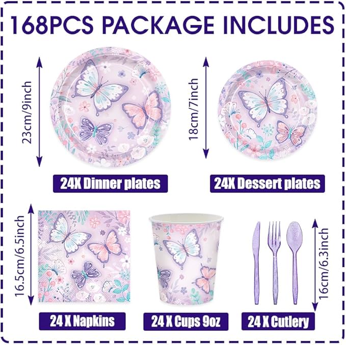 168pcs Butterfly Party Decorations Purple Butterfly Plates and Napkins Tableware Set Disposable Paper Cups Flower and Butterfly Birthday Party Supplies for Kids Birthday Decor Serves 24 Guest