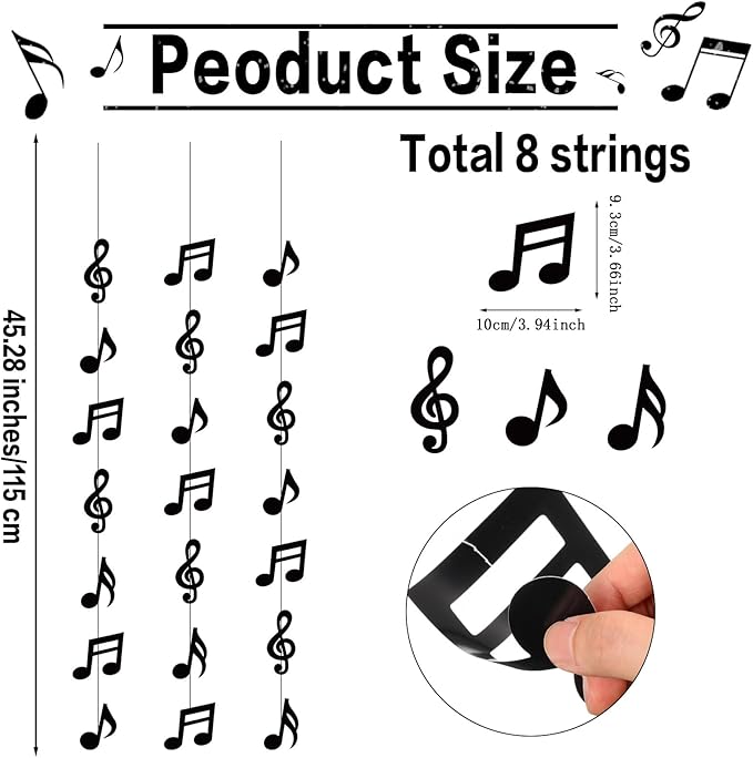 Cindeer 8 Pcs Music Notes Party Decorations Musical Birthday Hanging Decorations Music Notes Paper Garland Banner for 50s 80s Birthday Baby Shower Wedding Party Supplies Ceiling Decor(Black)