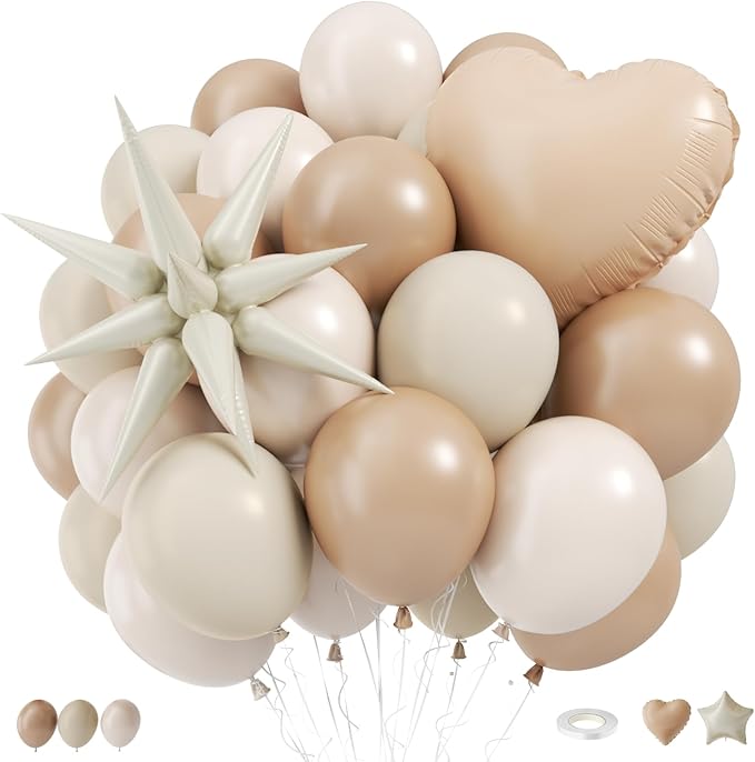 Netural Balloons, 12Inch Double Stuffed Beige Cream Tan Balloons Blush White Sand Boho Balloon with Star Balloon for Netural Gender Reveal Bridal Birthday Wedding Party Decorations