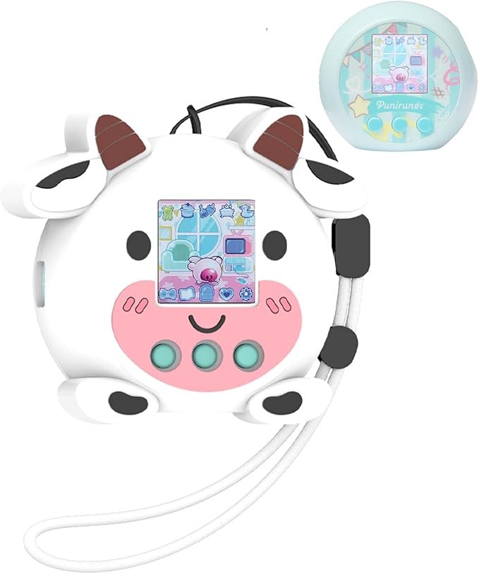 Silicone Protective case for Punirunes Interactive Digital Toy, Cute Cartoon Cow Design Skin Sleeve for Punirunes Electronic Pets Machine, with Lanyard Easy Carry,Scratch Shock Protection (White)