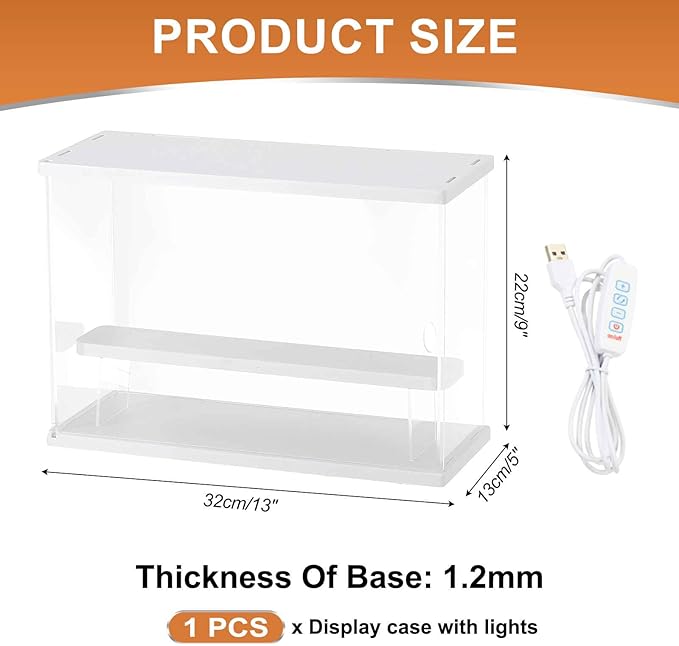 MECCANIXITY Clear Display Case, 2 Layer Acrylic Figure Display Case Clear Display Boxes for Collectibles, Figures Model Toys Home Storage(with Square LED Light, 13x5x9 Inch White Base)