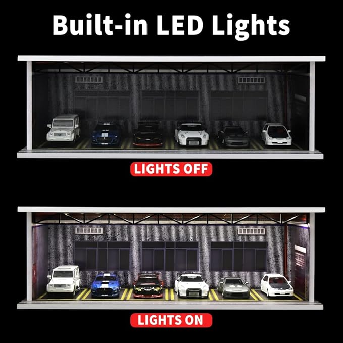 1/64 Scale Hot die-cast Wheels Model car scenarios Display case with LED Light and Acrylic Cover, Scenes Parking lot Diorama Storage Garage Box with 6 Parking Spaces (Factory)