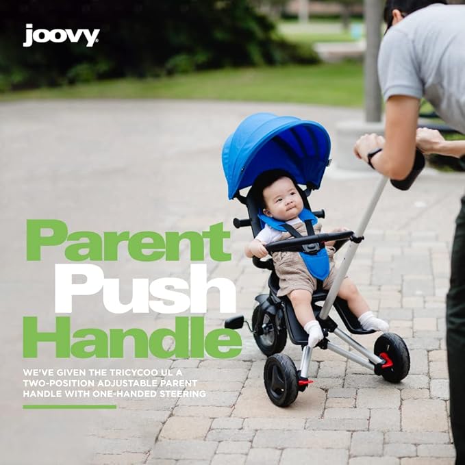 Joovy Tricycoo UL Kids Tricycle with 8 Stages Featuring 3 Rubber Tires, Removable and Adjustable Parent Handle, Safety Harness, 3-Position Recline Seat, and Retractable Canopy, Blueness