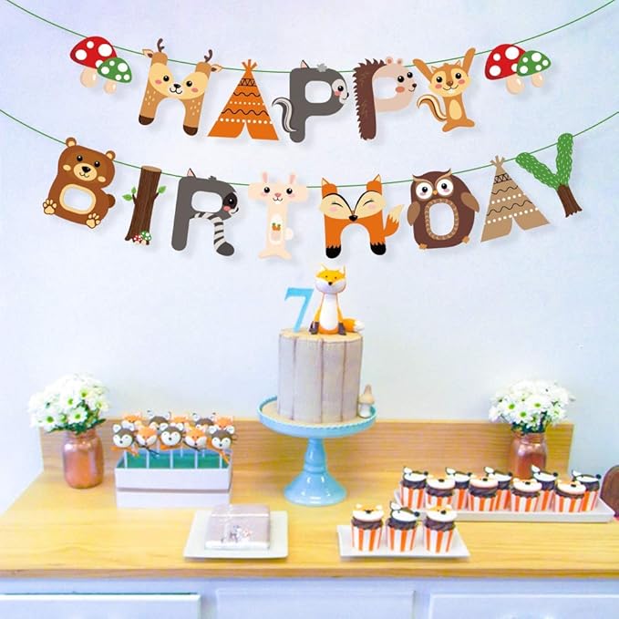CC HOME Woodland Creature Birthday Banner,Woodland Animals Happy Birthday Forest Friend Animal Banner for Kids,Boys,Baby Shower,Birthday Party Decoration