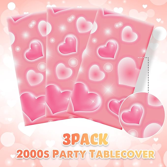 Tudomro 3 Pack 2000s Tablecloth Decoration 54 x 108 Inches Cholo Party Table Cover Y2k Party Decoration Heart Disposable Kpop Table Cloth for Birthday Supplies(Pink)