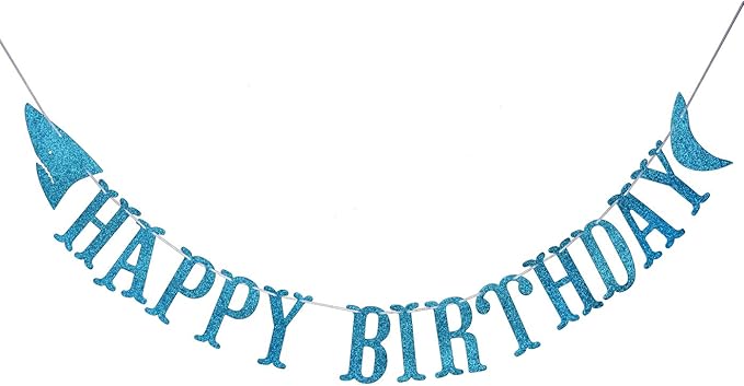 Shark Happy Birthday Banner and Shark Garlands, Ocean Beach Under The Sea Theme Party, Shark Party Supplies (Blue)