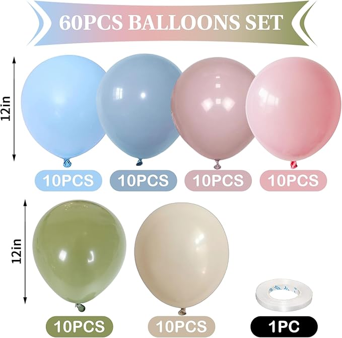 Pink Blue Green Balloons 12inch 60pcs Pale Pink Beige Light Pastel Blue White Sand Dusty Green Helium Latex Balloon Arch Boho Birthday Garden Tea Goose Party Decorations Bridal Baby Shower Wildflower