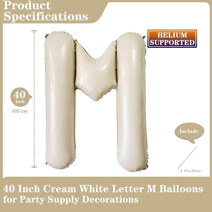 Lovoir Cream White Letter M Balloons, 40 Inch Giant Letter Balloons M Foil Mylar Helium White Letter Balloons for Birthday Party Supplies Anniversary Event Celebration Decorations Alphabet White M