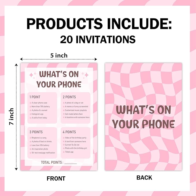Birthday Party Games Cards - What's On Your Phone, Pink Bday Party Games for Teen Girl Adult, Set of 20 pcs Cards, Birthday Party Favor Activity Sleepover Party Decor Supplies - FS265
