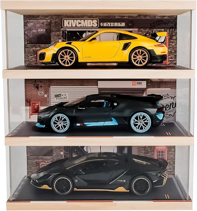 1:24 Scale 3-Tier Vehicle Display Case with Parking Lot Scene for Sports Car & Lego Collectors, Display Stand for Alloy Car Model Toy (3-Tier Auto Repair Store Scene)