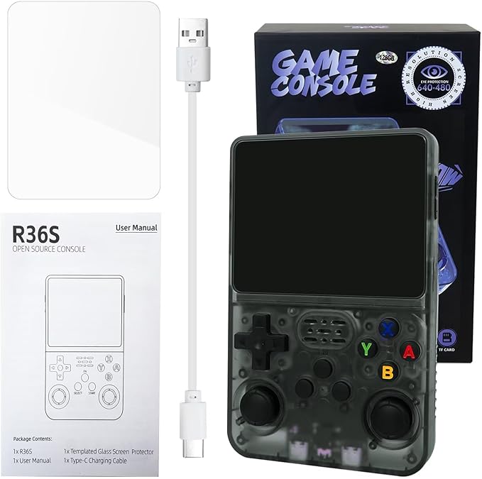 R36S Retro Handheld Game Console with 128G 3.5 Inch IPS Screen Built-in 15000 Games Open Source Linux System 640x480 Resolution Portable Pocket Video Player (Black)