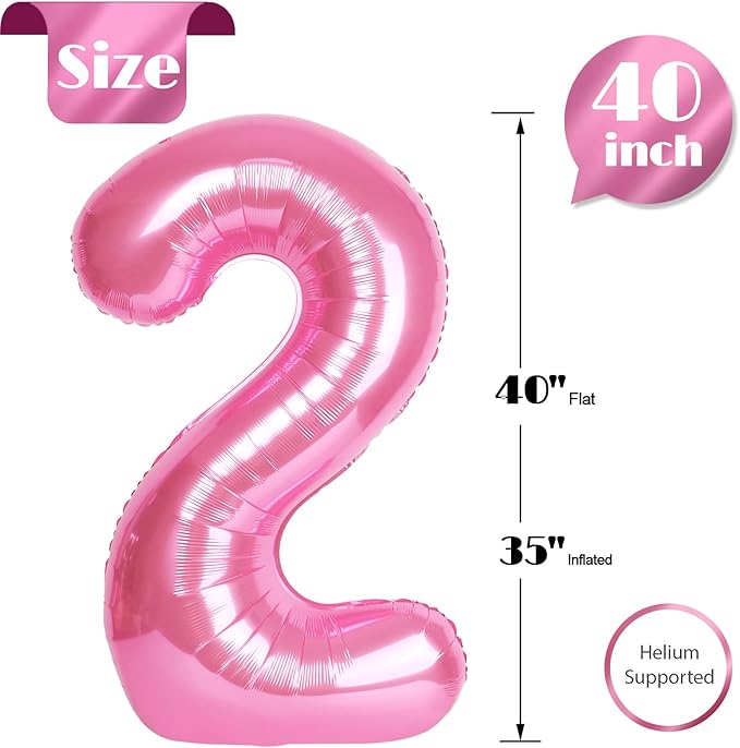Pink 2 Balloon, Number Balloons 40 Inch, 2nd Balloon Number Birthday Decorations, Second Two Birthday Party Supplies, Number 2 Balloon
