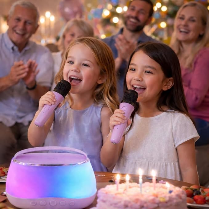 Kids Karaoke Machine with 2 Wireless Microphones, Bluetooth Speaker with Voice Changer & LED Lights, Portable Singing Toy Gift for Boys & Girls Ages 3–12