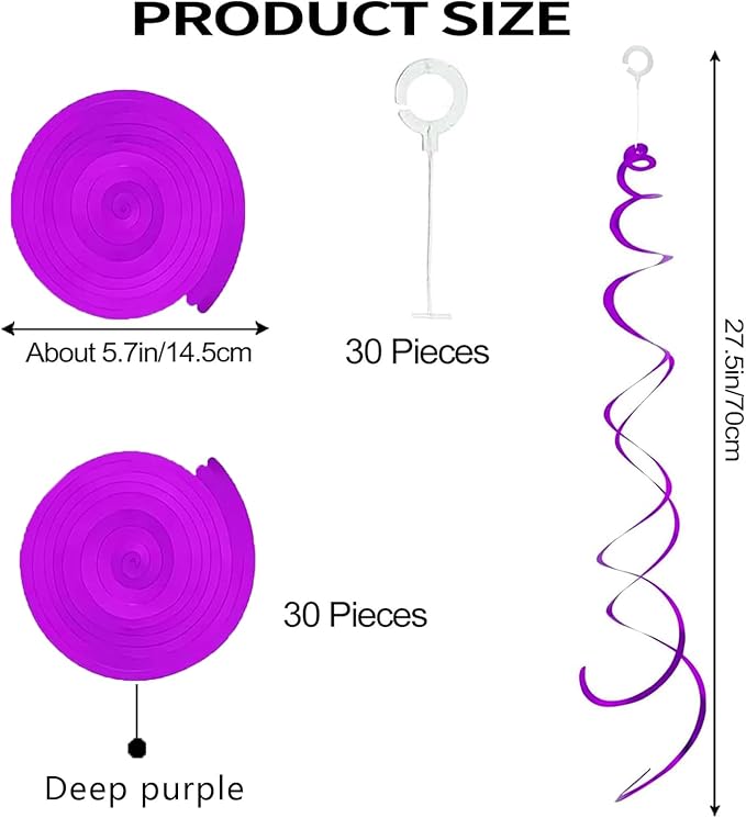30 Pieces Hanging Swirl Party Decorations Foil Decorations Ceiling Swirl Spiral Hanging Plastic Streamer for Ceiling Birthday Graduation Wedding Celebration Baby Shower Party Supply (Deep Purple)