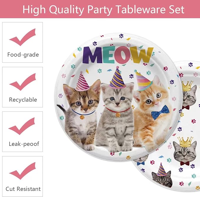 40PCS Cat Birthday Party Supplies Kitten Birthday Party Decorations Cat Plates and Napkins Party Supplies Disposable Plates for Cats Themed Parties Supplies, Serves 20