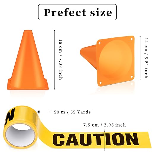 Frienda 11 Pcs Construction Birthday Party Supplies Plastic Traffic Cone Caution Tape Safety Road Parking Construction Cone Warning Tape for Halloween Party Outdoor Indoor(7.1 Inch Tall,Classic)