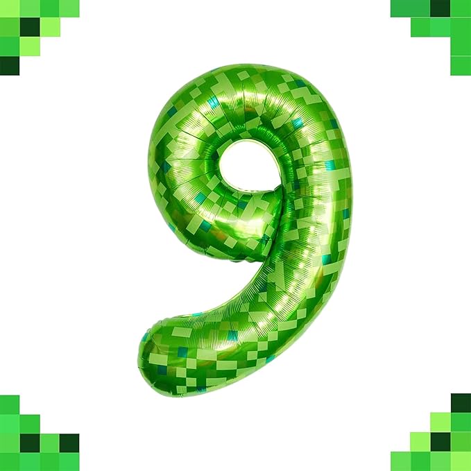 40 Inch Green Pixel Miner Number 9 Foil Balloons Large Mylar Mining Theme 9th Number Balloon for Boys Girls Video Game Birthday Decorations Pixel Game Party Supplies