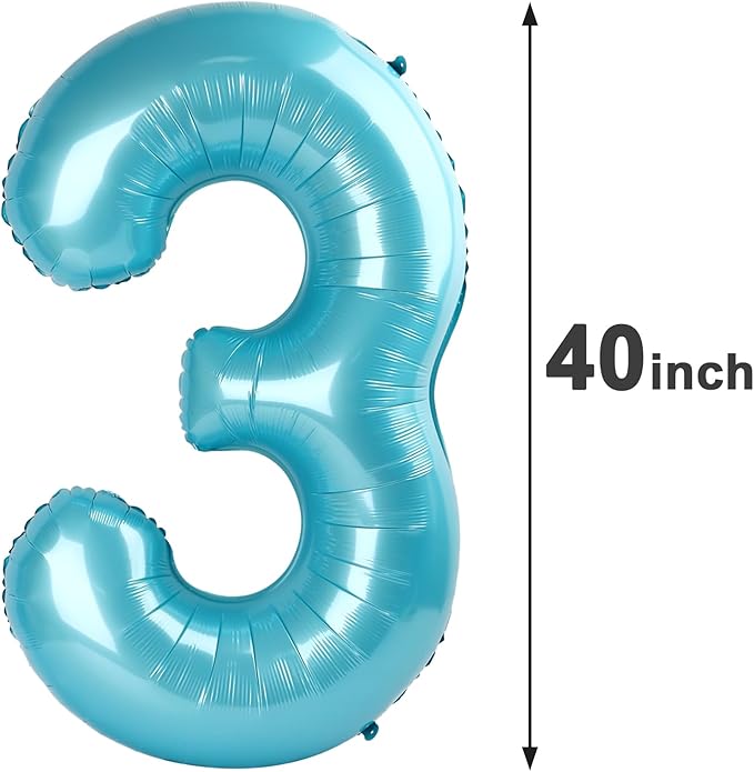 Pearl Blue 3 Number Balloon, 40 Inch 3 Large Number Balloon, 3 13 23 30 33 36 38 Pearl Blue Birthday Party Decorations, Number Three Foil Balloons for Anniversary Graduations Celebration Supplies