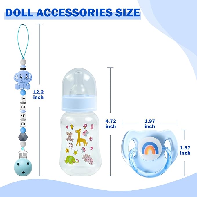 SCOM Reborn Baby Doll Accessories Set - Rainbow Transparent Magnetic Pacifiers & Removable Reusable Baby Doll Bottles with Silicone Pacifier Clips for Reborn Dolls Girls, Blue Style, 3 Pcs