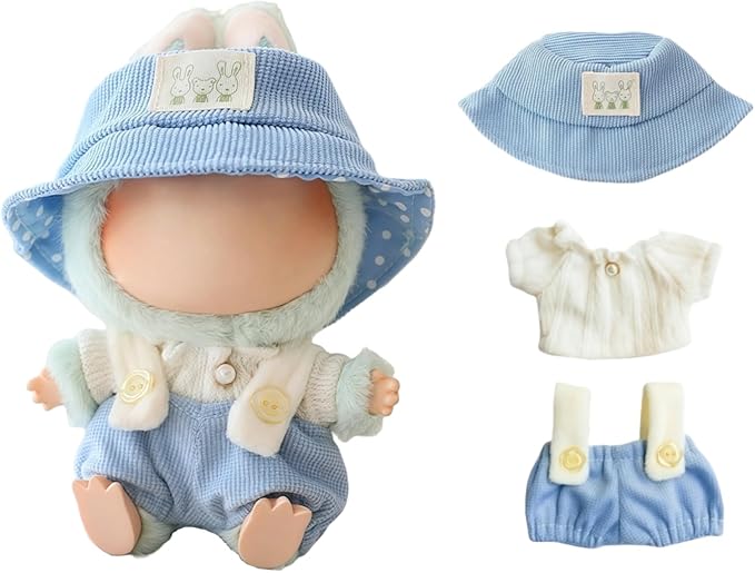 Clothes for Lu bubu 17cm Dolls Accessories(No Doll), Cute Outfit Set 3 Pieces Bib Pants Suitable for 17cm Doll Suit, Stylish Dress Up Overalls Doll Clothing Set Replacement with Hat Clothes Blue
