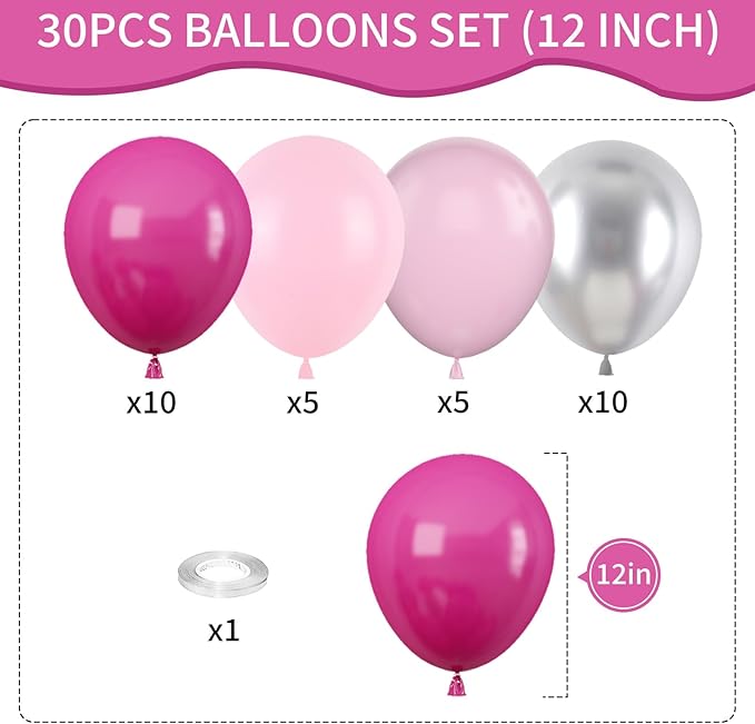 Pink and Silver Balloons, 12 Inch Hot Pink Pastel Latex Balloon Metallic Chrome Silver Helium Balloons for Girls Women Bridal Birthday Baby Shower Party Decorations