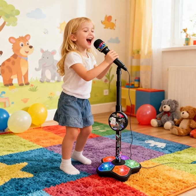 2026 New Star Microphone with Stand, Built-in Music & Colorful Lights, Echo Effects Portable Karaoke Machine, Kid-Friendly Singing Toy for Music Play (Black)