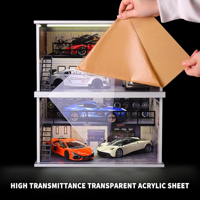 1/24 Scale die-cast Model car Display case with LED Light and Acrylic Cover, Parking lot Scene Diorama Toy Storage Garage Show case for Lego Collectors, Double Layer with 4 Parking Spaces (Drift)