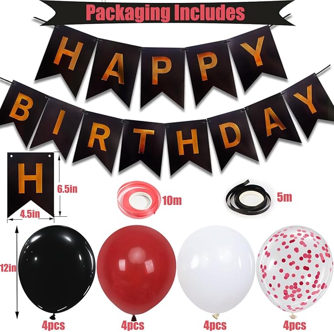Happy Birthday Banner, Red Birthday Decoration, 16 pcs 12 inch Balloons with 2 Ribbons for Men Women Girls and Boys Party Decoration