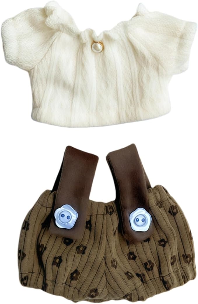 Clothes for Lu bubu 17cm Dolls Accessories(No Doll), Cute Outfit Set 2 Pieces Bib Pants for 17cm Doll Suit, Stylish Dress Up Overalls Doll Clothing Set Replacement Brown