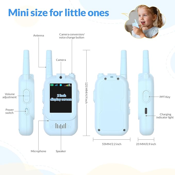 Kids Toys Mini Video Walkie Talkies for Kids 2 Pack，for 3 4 5 6 7 8 Years Old Boys and Girls,Four Sound Effects Available Birthday Gifts(Blue+Blue)