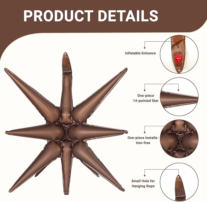 6 Pcs Brown Star Foil Balloons One-Piece 14-Pointed Star Balloon 4D Cone Mylar Balloon 22inch Christmas Birthday Wedding Wedding Anniversary Party Supplies(Brown)