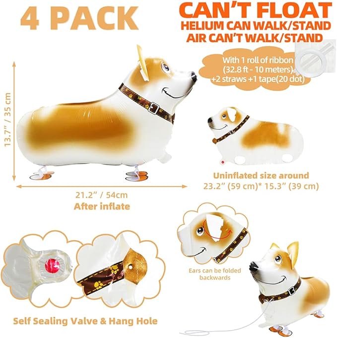 Cute Air Walkers Corgi Balloon Air Walk Pet Animal Doggy Balloon, 4 Pack Walking Corgi Dog Balloons Cartoon Animals Puppy Dog Party Supplies For Birthday Decoration Wedding Baby Shower Bridal Shower