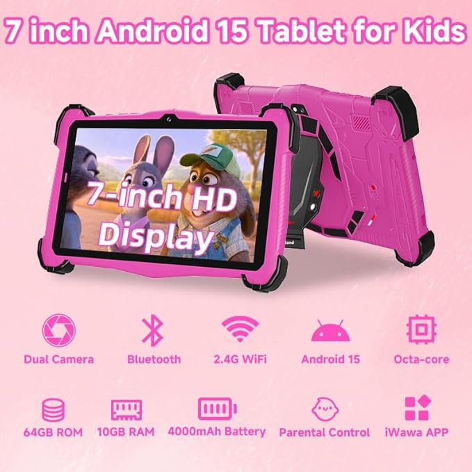 Kids Tablet 7 inch Android 15, Tablet for Kids with 10GB RAM 64GB ROM Bluetooth IPS Screen Parental Control Dual Camera Shockproof Case for Educational Games (Pink)