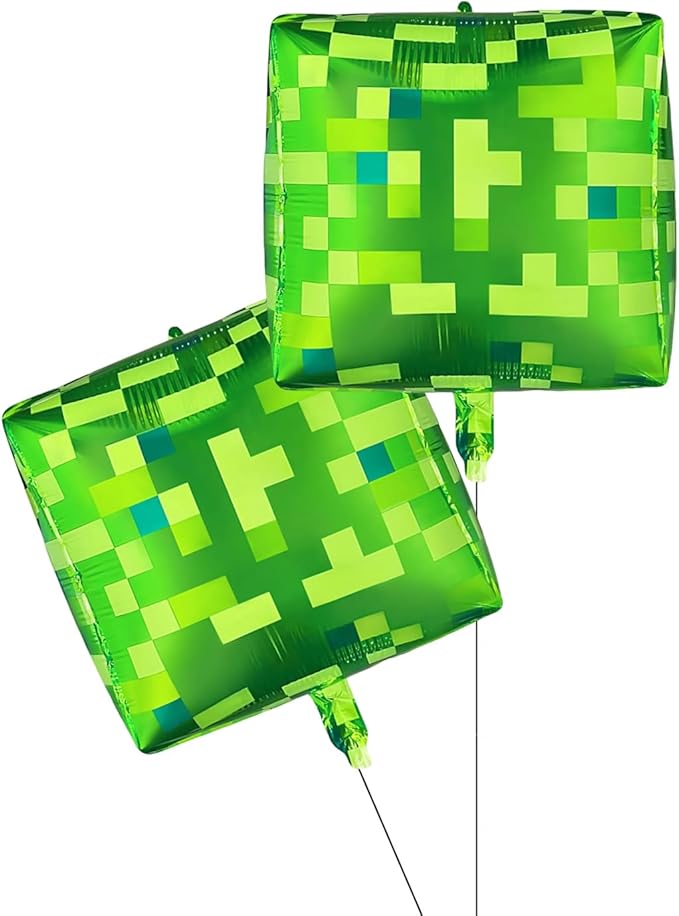 2Pcs Large Pixel Boxes Cube Foil balloons 22Inch Video Game Miner Theme Mylar Balloon Pixel Mining Game Birthday Party Decorations Supplies Green