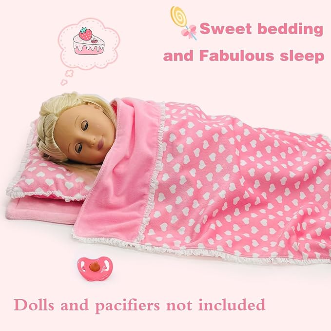Baby Doll Accessories Dollhouse Bedding Set - Doll Blanket, Pillow & Mattress Playset for 18" Dolls,Gifts for Boys Girls Ages 3 4 5 Year Old (Pink Heart)