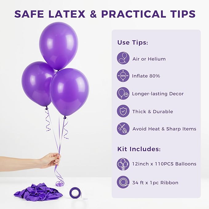 LovesTown 110PCS Purple Latex Balloons 12 Inch Dark Purple Helium Round Balloons with Ribbon for Engagement Birthday Baby Shower Wedding Graduation Birthday Party Backdrop Decorations (Pack of 2)
