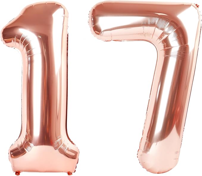 Numbers 17 Balloon 40 Inch, Rose Gold 17th Birthday Decoration for 1 7 17 71 Men & Women, Foil Big Number Balloon for Wedding Store Anniversary Promotion Party Decorations