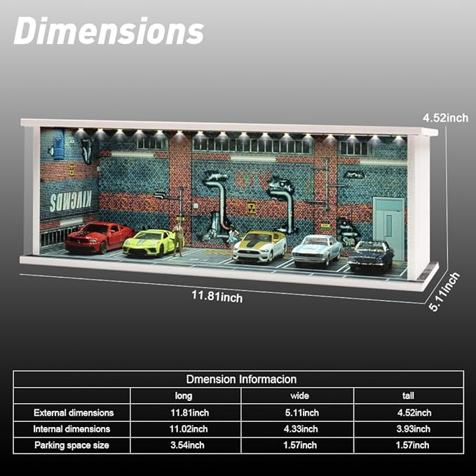 1/64 Model Car Display Case Diecast Diorama Garage，Simulated Parking Lot Model Miniature Scene Parking Lot PVC Assembly with Light Parking Space Model Display Frame Toy Display Box (Grey)