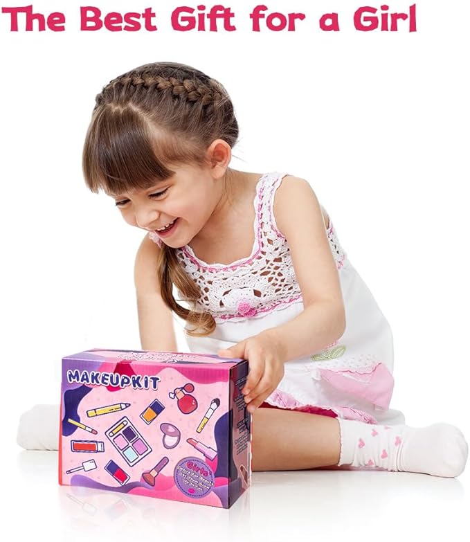 Pretend Makeup Toy Sets for Girls Age 3-8,Toddler Makeup Kit for Play Vanity Set, Washable Fake Cosmetic Dress Up Toys, Princess Style Beauty Accessories Gift for 3-12 Year Old Kids