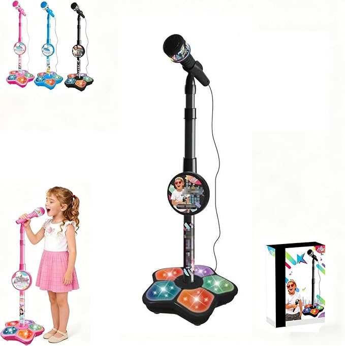 Kids Microphone with Stand - 2026 New Karaoke Machine for Budding Singers, Built-in Music & Echo, 6 Colorful Lights, Adjustable Stand for Girls Boys Birthday Gift(Black) (Black)