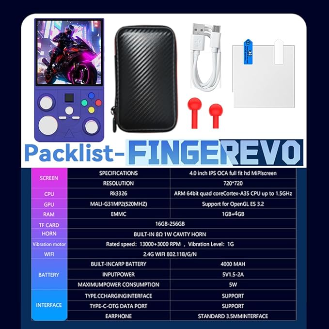 DC40V Handheld Game Console 4.0inch 720*720 IPS 1:1 Screen 4000mAh RK3326 Linux Game Console Indigo-64