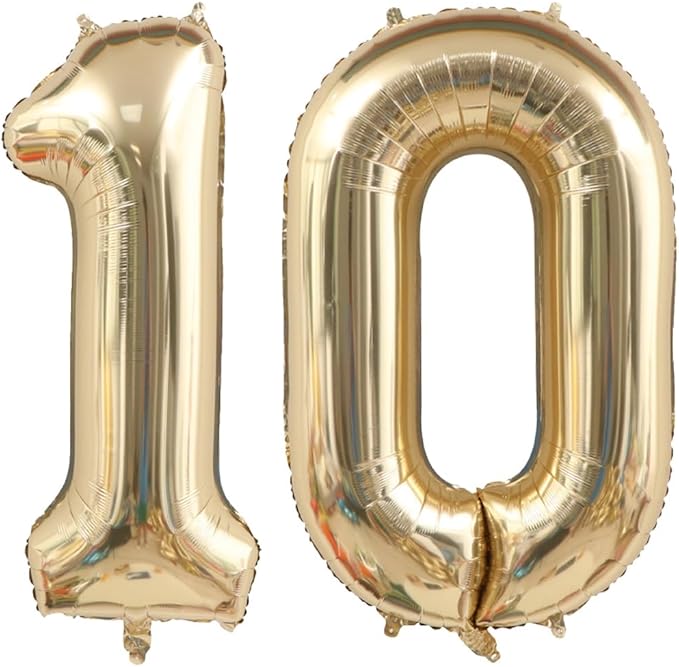 40 Inch Light Gold 10 Number Balloons White Gold Giant 1 & 0 Foil Mylar Helium Large Digital Balloon Champagne Gold 10th Birthday Anniversary Events Party Decorations Supplies