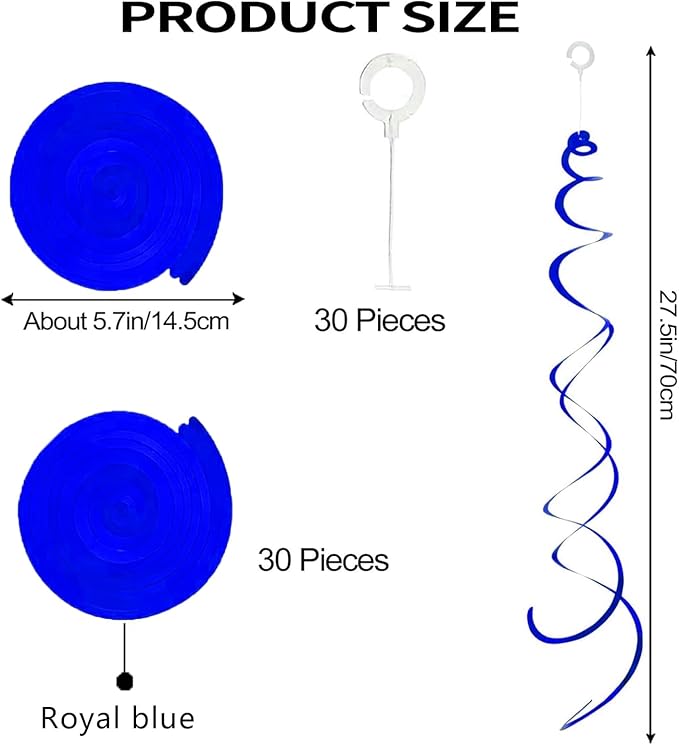 30 Pieces Hanging Swirl Party Decorations Foil Decorations Ceiling Swirl Spiral Hanging Plastic Streamer for Ceiling Birthday Graduation Wedding Celebration Baby Shower Party Supply (Royal Blue)