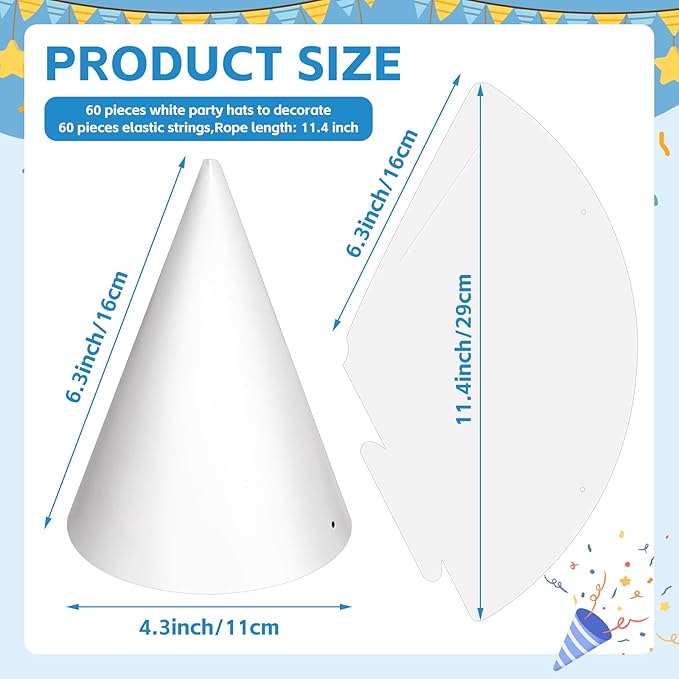 White Paper Party Hats for Kids Birthday,Decorative Bulk Cone Crafts for Adults Art DIY, Halloween Supplies（20/40/60）