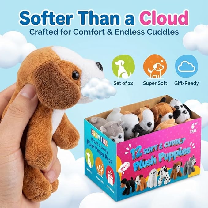 Bedwina Plush Puppy Dogs - (Pack of 12) 6 Inches Tall Stuffed Animals Bulk Assorted Puppies and Cute Stuffed Plushed Dog Puppies Assortment, Stocking Stuffers