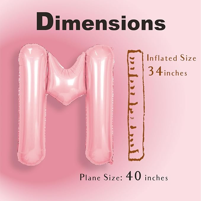 SUWEN 40 Inch Pink Large M Letter Balloons Big Foil Helium Letter Balloons A-Z Jumbo Mylar Happy Birthday Party Decorations for Girl Anniversary Party Supplies